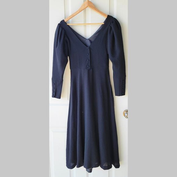 Vintage LAURA ASHLEY Black Wool Princess Dress Size 8 Puff Sleeve Cottagegoth - Picture 3 of 13